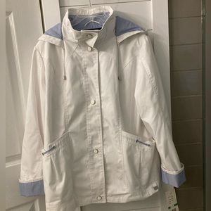 White snap closure rain jacket